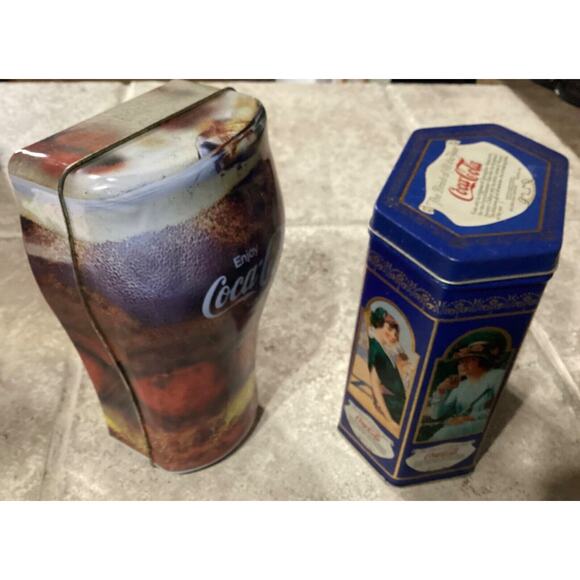 Coca Cola Empty Tins ~ The Drink Of All The Year & 1998 Coke Glass Shaped Tin - Picture 3 of 8
